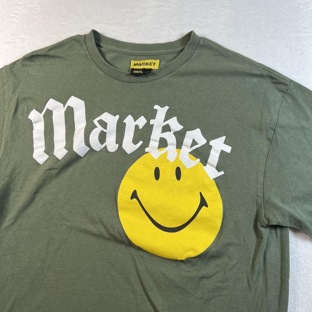 Market Smiley Shirt Mens Large Green Yellow Face Logo Graphic Tee Streetwear Top